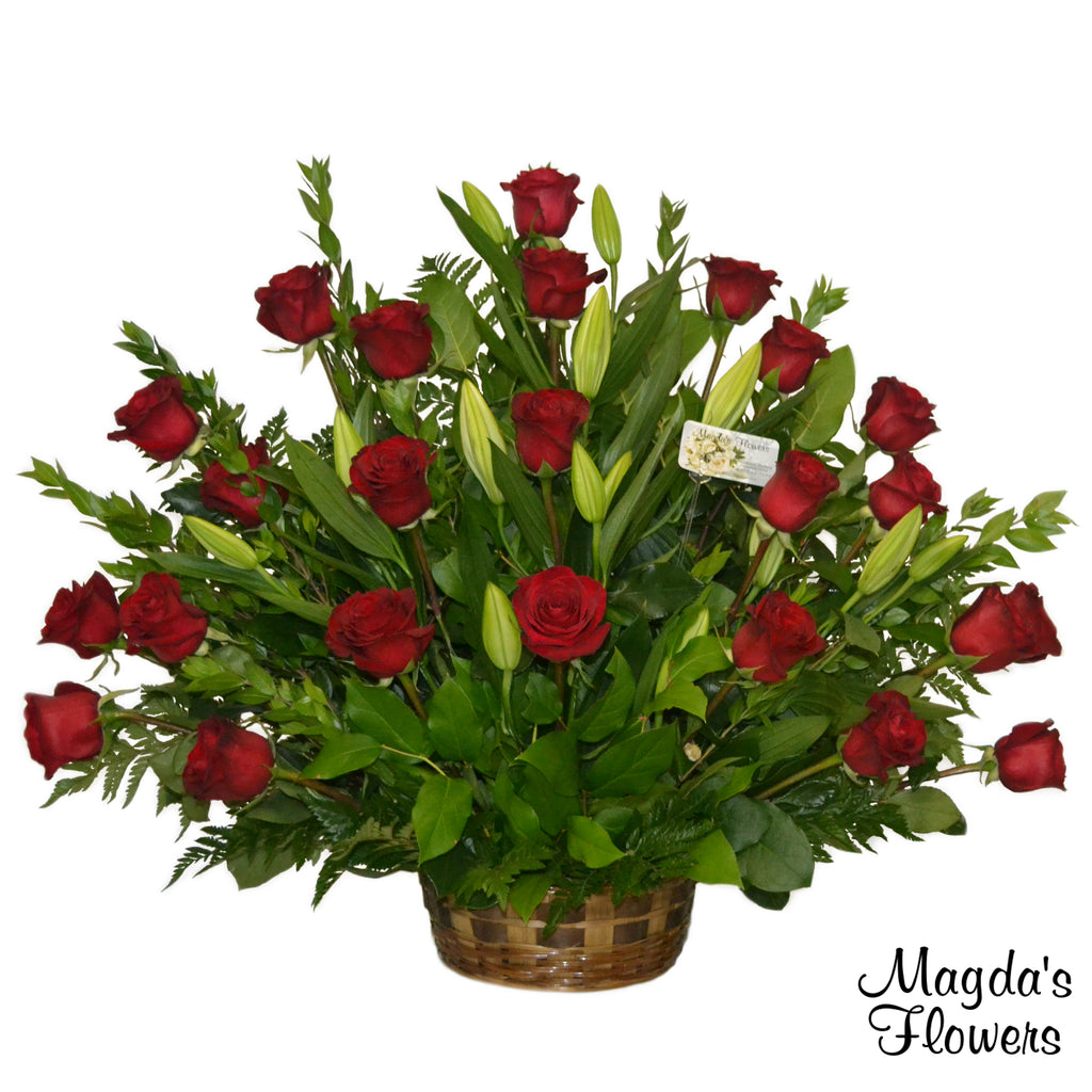 Red Roses & Lilies Floral Basket