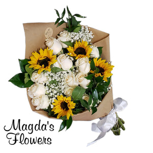 Sunflower and white roses in an elegegant floral bouquet - Magdas Flowers - Local florist in Salinas. Online Order for local delivery.