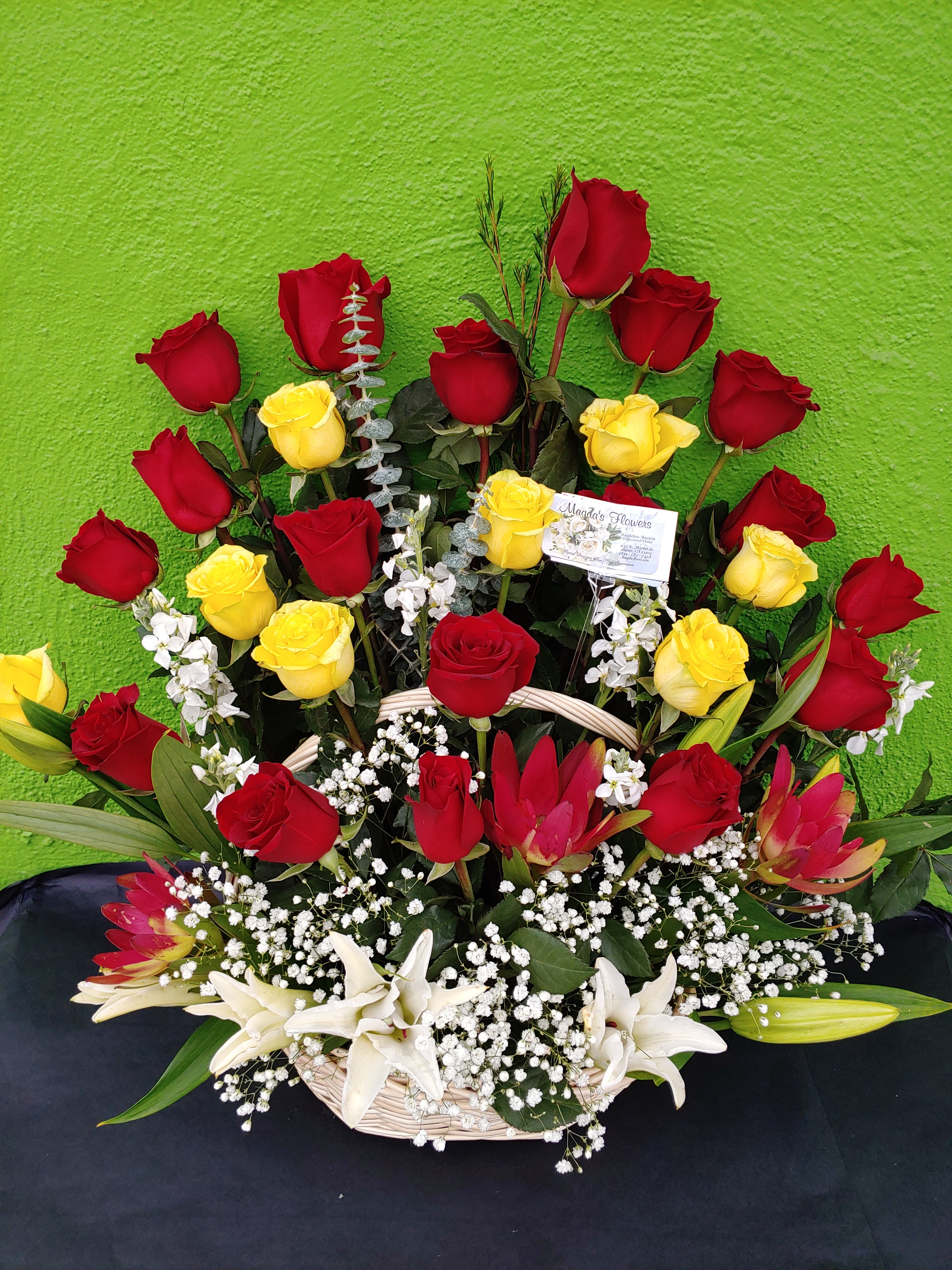 V3 - 24 Yellow and Red Roses in Basket