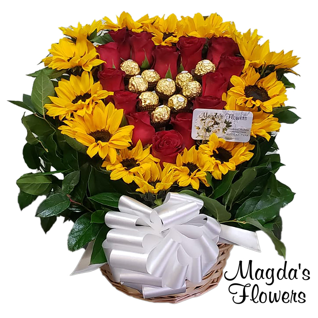 Sunflores, red roses and chocolates floral basket - Magdas Flowers - Order flowers online. Local florist Salinas CA