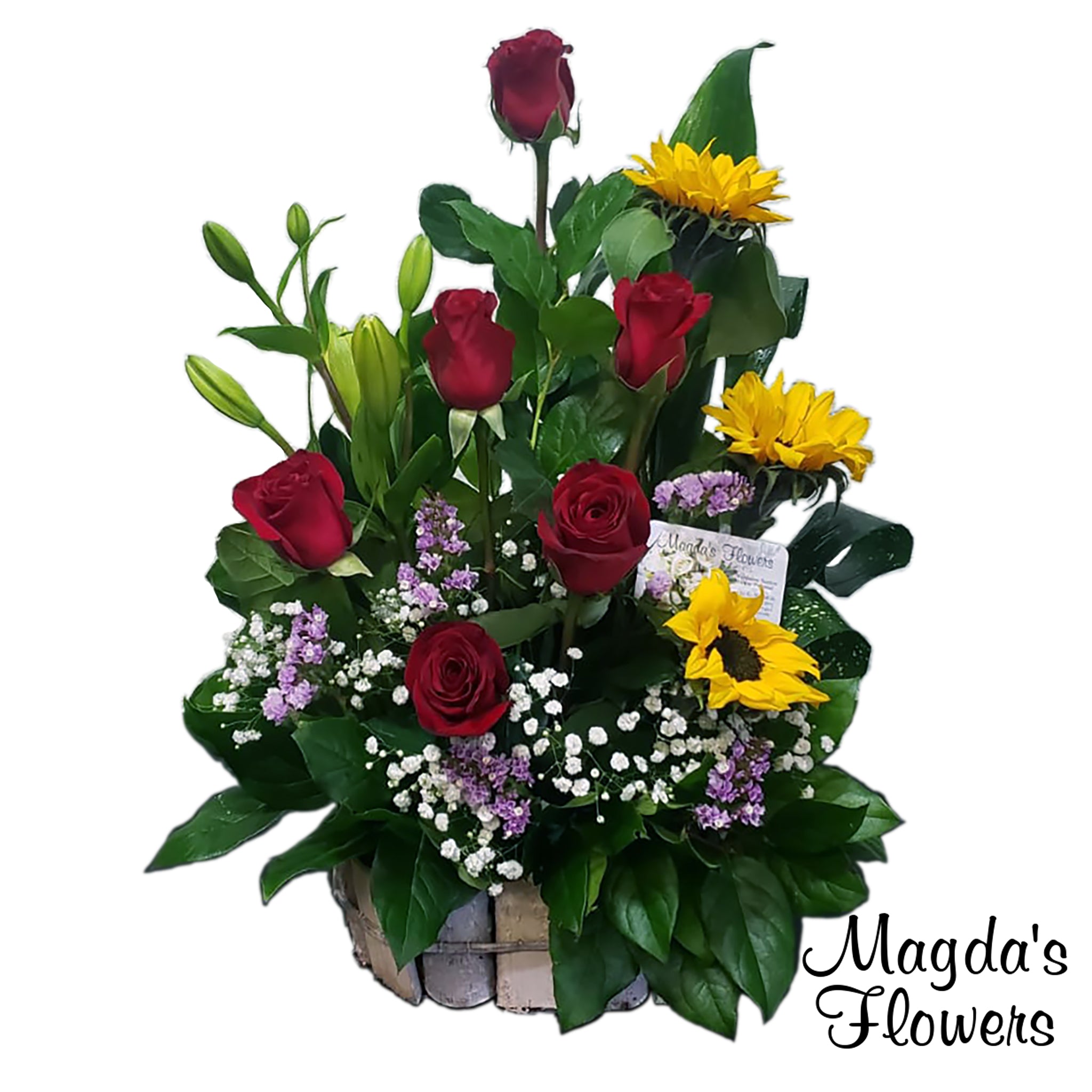 Red rose, Sunflower, Lilies floral basket - Magdas Flowers, Salinas Calfornia. Order flowers online today.
