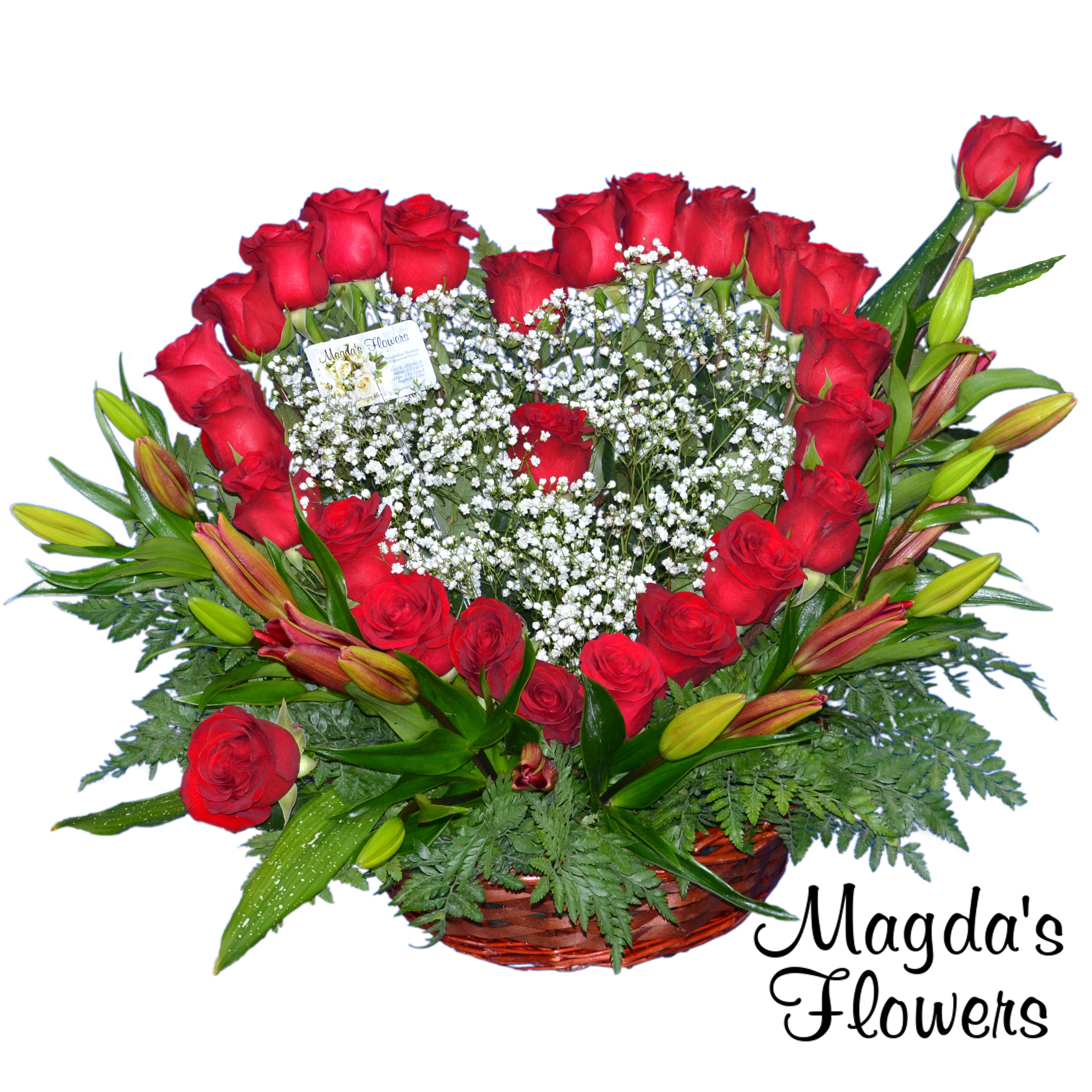 Red Rose Heart Floral Arrangement - Magdas Flores